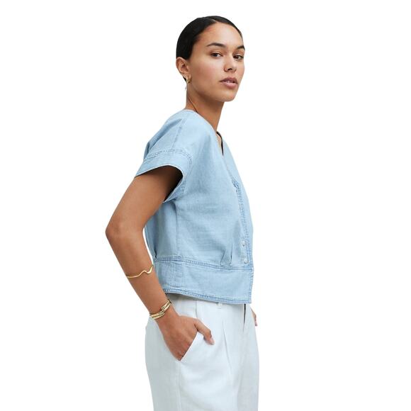 Madewell Pleated Short-Sleeve Denim Top XXL Blue Doral Wash NWT - Picture 3 of 9